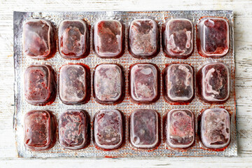 Aquarium fish fodder closeup.Insect Briquettes, Frozen Artemia, Cold Daphnia, Frozen Bloodworm.