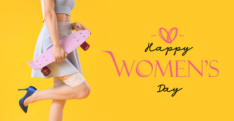 Young pin-up woman with skateboard on yellow background © Pixel-Shot