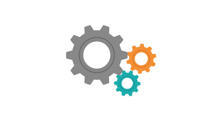 Fototapeta premium Three interlocking gears, one large gray, one medium orange, and one small teal, are positioned together on a plain white background, symbolizing teamwork and mechanical operation