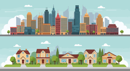 Obraz premium A vibrant illustration showcasing a modern cityscape with towering skyscrapers above a charming suburban neighborhood with quaint houses