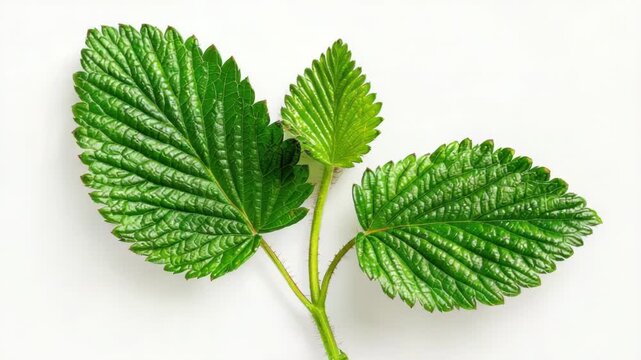 Video Close-up shot of two green leaves on a white surface, ideal for use in designs related to nature, wellness, or simplicity