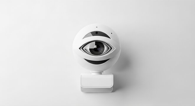 Futuristic eye webcam for surveillance in 6g networks. Advanced camera design with lens eye. Big data monitoring and quantum communication technology concept