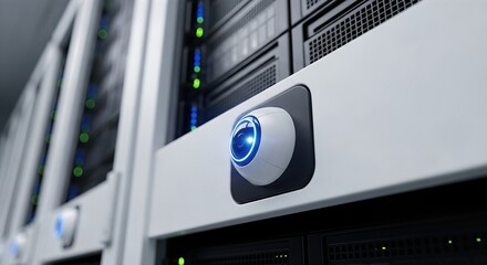 Server rack in modern data center with glowing blue sensor button. High-tech equipment for next-generation 6G networks and big data processing. Quantum communication and satellite internet