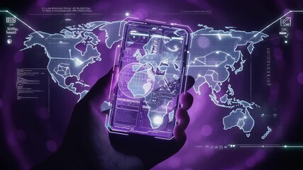 Hands navigating a futuristic transparent smartphone screen showing world map data and digital technology interface graphics illuminated by vibrant purple light - Powered by Adobe