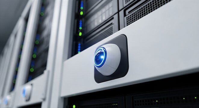 Server rack in modern data center with glowing blue sensor button. High-tech equipment for next-generation 6G networks and big data processing. Quantum communication and satellite internet - Powered by Adobe