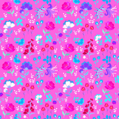 Delicate floral embroidery on a pink background. Beautiful embroidered flowers. Seamless print for fabric.