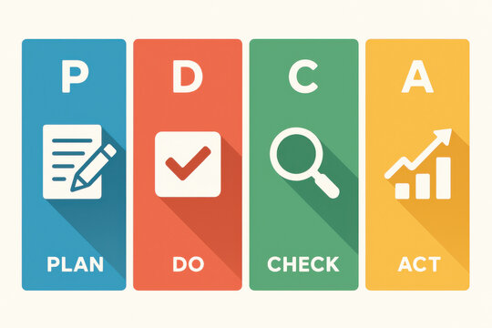 PDCA cycle for business management and improvement. simple method to plan, do, check, and act for continuous growth and successful project implementation. Flat design style