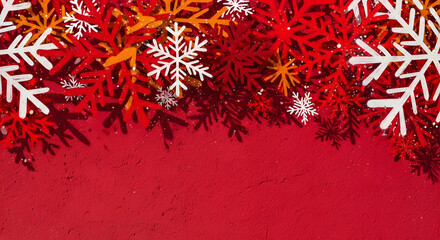 Colorful stacked snowflake cutout shapes creating a dense decorative top border against a textured red background for seasonal designs