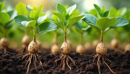 Peanut plants with prominent root systems grow from dark soil in a field. Lush green leaves emerge from the developing groundnut pods. Agriculture and food production concept.