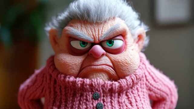 Cartoon 3d character angry granny in a knitted pink sweater, 3D cartoon character of an irate granny in a pink knitted sweater