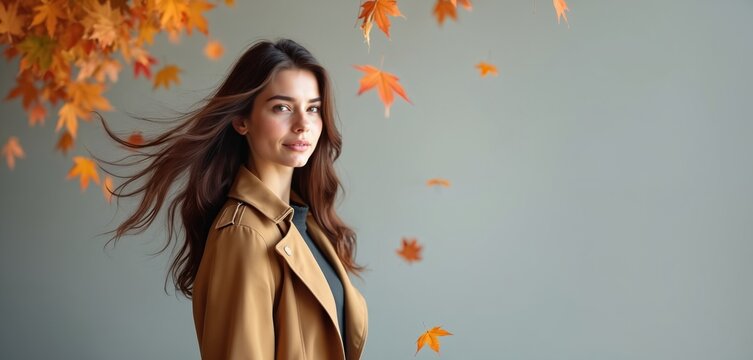 Young woman with flowing brown hair wears camel trench coat in falling autumn leaves. She smiles gently against a plain grey background with ample copy space for text.
