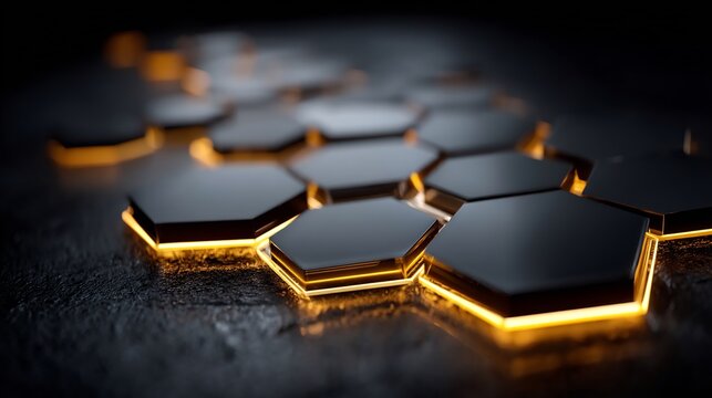 Abstract black hexagon background with golden light for technology concept