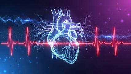 Glowing blue digital heart with red electrocardiogram lines and blue wave patterns on dark background