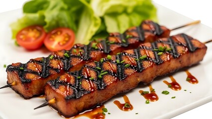 Delicious grilled pork belly skewers with fresh salad and cherry tomatoes
