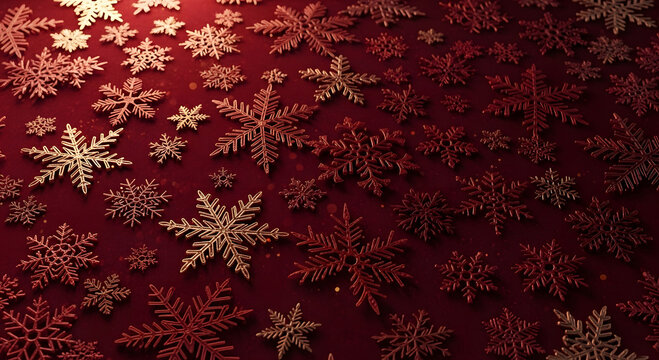 Scattered luxurious bronze and red snowflake decorations on a rich dark burgundy background creating an opulent winter texture - Powered by Adobe