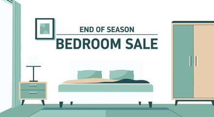 End of season bedroom sale advertisement with furniture and decorations