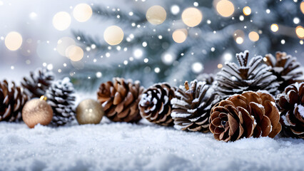 Festive Snowy Pine Cones with Blurred Christmas Lights Bokeh