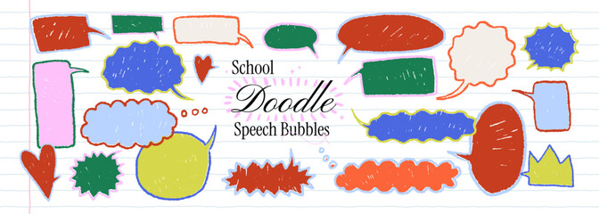 School doodle speech bubble set. Crayon drawn text box frame. Colorful kid irregular dialog balloon shapes. Funky charcoal scribble speech bubble. Childish chalk pencil elements.