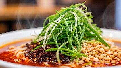 Spicy dan dan noodles topped with fresh green onions and crushed peanuts