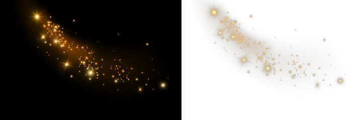 Golden particle stream. Soft curved trail with bright glowing dust on dark background and transparent background. Isolated illustration with PNG overlay