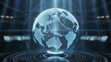 Illuminated wireframe globe displaying continents over a reflective stage representing worldwide digital technology communication and cyberspace networking - Powered by Adobe