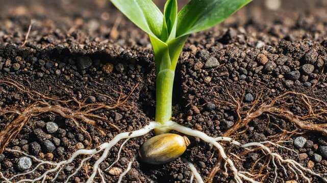 Time-lapse of a green plant sprouting from the soil, showing roots and growth.
