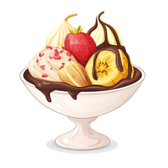 Banana split ice cream dessert in a bowl, isolated on a white or transparent PNG background. Perfect for food menus, advertising, sweet treats, and design projects showcasing fruity flavor, color,