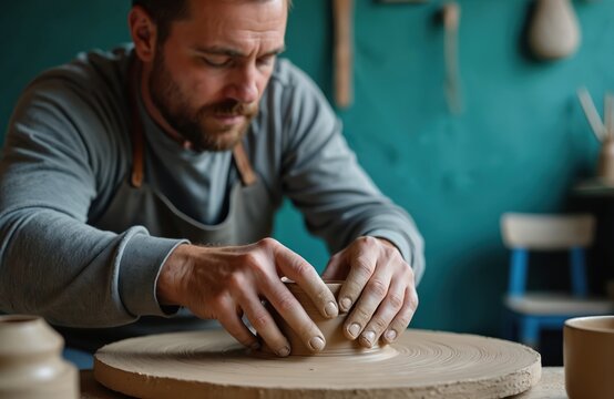 Bearded man works on pottery wheel shaping wet clay vessel. Hands skillfully mold earthy material on spinning disc. Craftsman creates ceramic pot in warm workshop.