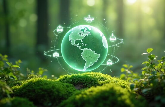 Eco friendly transport concept photo with globe representing Earth. Digital illustration shows sustainable global logistics, green transportation. Eco friendly travel, shipment processes are in focus.
