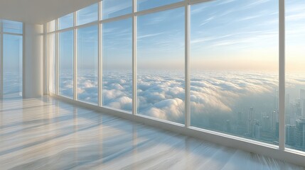 Cloud technology platform and analytics in a modern office with hyper-realistic view of cloud layer urban landscape sunrise