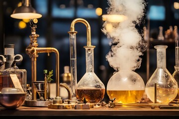 Science lab equipment with flasks and steam for scientific research use