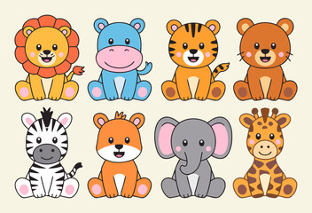 Fototapeta premium Cute Cartoon Animal Illustrations Featuring Lion Hippo Tiger Zebra and More for Kids