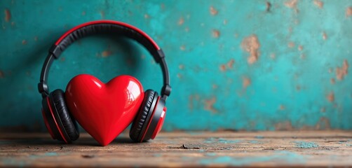 Red heart wears headphones on wooden desk. Love for music concept represents love songs audio and listening leisure hobby on world music day. Music and technology connection on grunge backdrop.