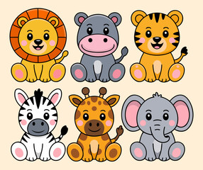 Colorful Animal Icons for Children’s Parties and Decorations Featuring Tigers Lions Elephants