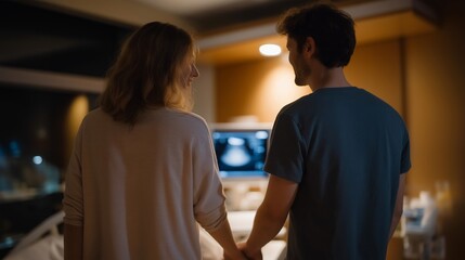 A couple holding hands during a prenatal ultrasound appointment, both watching the fetus move on the screen with awe, warm clinic lighting creating a calm atmosphere — family bonding, supportive