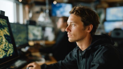 A maritime cartographer studying sonar data aboard a research vessel, ocean floor ridges appearing as 3D terrain models on the screen — underwater mapping, marine geography, and advanced