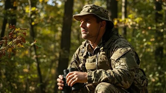Man watching through binocular in forest. Scouter spotting on surveillance mission. Hiker observing nature outdoor with optical instrument.