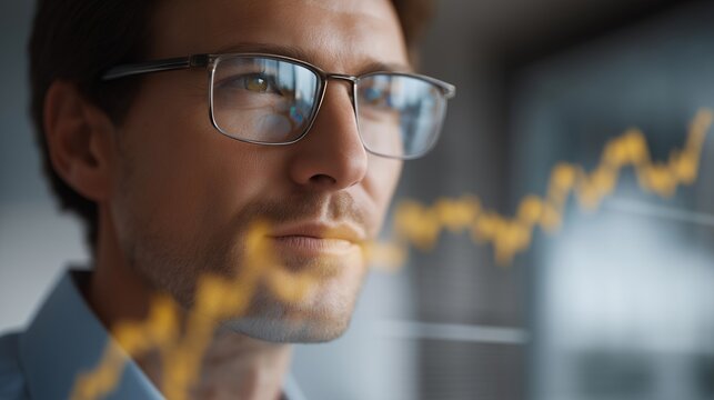 A digital dashboard displaying a glowing performance indicator needle rising sharply, reflected in the glasses of an analyst studying real-time business metrics — data visualization, productivity
