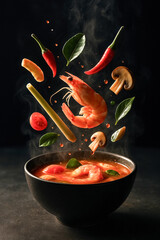 Fototapeta premium Cinematic high-end food photography of authentic Tom Yum soup in a dark minimalist bowl, illuminated by intense directional rim-light and deep shadows.