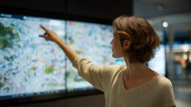A transportation planner analyzing multi-modal transit flows on a large wall display filled with animated routes for buses, bicycles, trams, and pedestrian networks &mdash; future mobility planning,