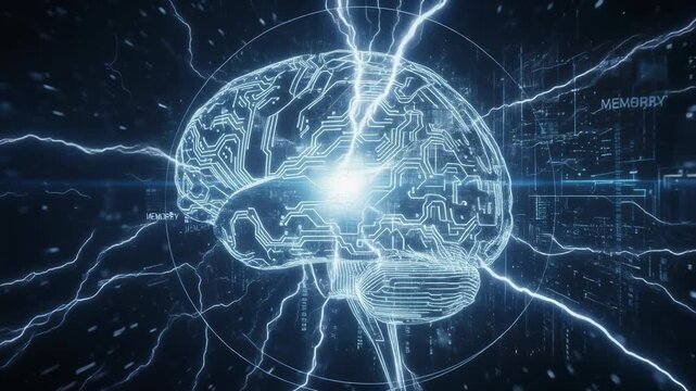 Vibrant glowing human brain rendered as futuristic computer hardware processing vast amounts of information with lightning fast energy