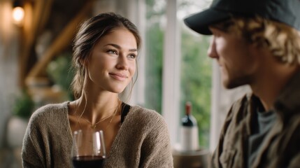 Film shot of an attractive woman in a brown sweater, talking to a handsome man in a baseball cap, in a wine bar with a glass of red wine on the table.
