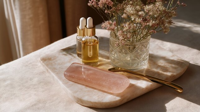 A gua sha tool resting on a marble tray beside serums and botanical oils, sunlight highlighting its polished edges — minimalist skincare aesthetic, clean beauty presentation, and ritual-focused