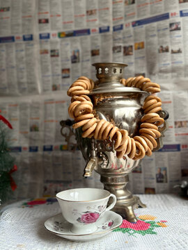 Vintage samovar serving tea with sushki and teacup