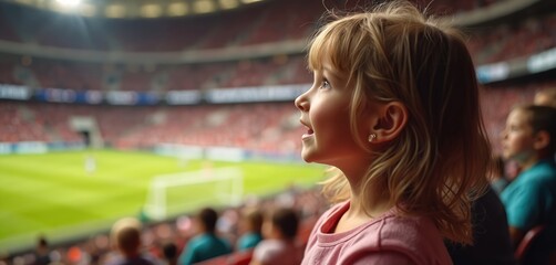Little girl watches football game at stadium. Blond child looks upward with amazement. Kid enjoys sport event. Cheering fans in audience support team with excitement.