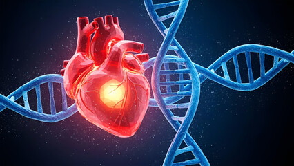 Red human heart glowing with light next to blue D N A helix strands on dark background image