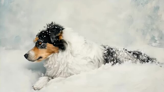 Dog in Snow, playful dog joyfully bounding through a snowy landscape