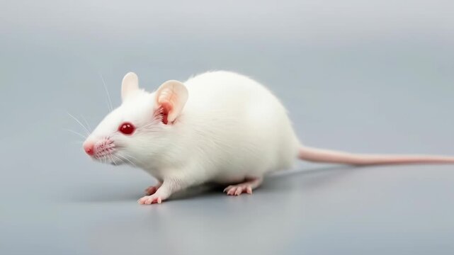 White albino mouse or rat with red eyes standing on a gray background, laboratory rodent for medical or scientific research