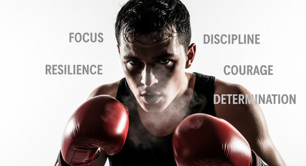 Intense Boxer Ready for Fight with Motivational Words
Intense close-up portrait of a young male boxer wearing red gloves, staring directly with a determined and focused expression
