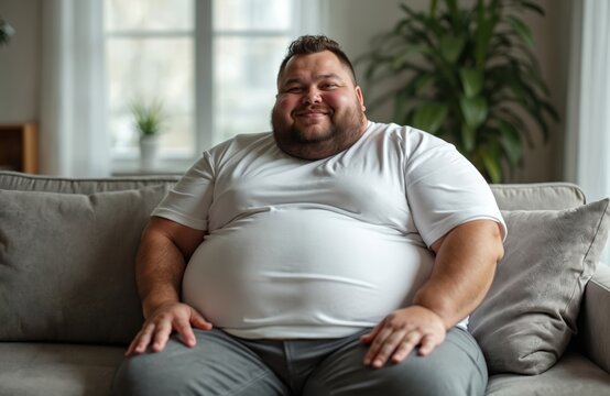 Plump man sits on couch in home smiling. Overweight guy rests on sofa looking positive. Person with large body enjoys relaxing in living room wearing casual clothes.